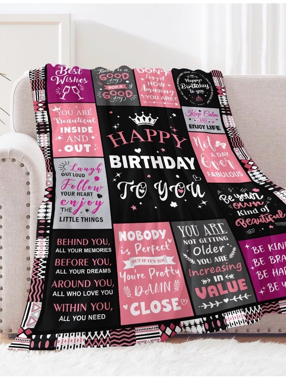 Happy Birthday Patchwork Throw Blanket in Pink and Black